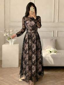 SHEIN LUNE Đầm nữ thanh lịch, trang nhã với họa tiết hoa 3D, cổ áo bất đối xứng, kiểu dáng sang trọng, thích hợp cho công sở. - màu đen - Xem 3