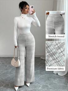 Elenzga Quần nữ thường ngày co giãn kẻ caro, quần ống đứng cạp cao ôm vừa vặn, hàng mới về mùa thu - Đen và trắng - Xem 7