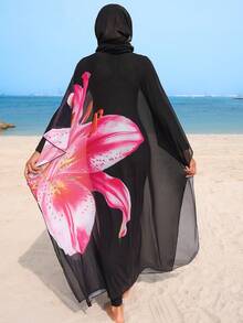 Swim Mulvari 女士夏季度假百合花网纱罩衫泳衣沙滩装 - 黑色 - 查看 2