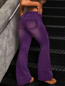 Jeanoix Damen Jeans in Große Größen mit ausgefranstem Saum und Knopfleiste, weites Bein für Lässig-Looks - Violett - Übersicht 2