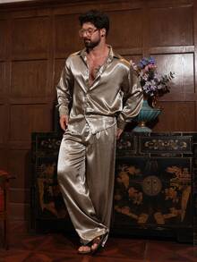 DAZY 男士金色缎面长袖衬衫长裤套装，度假休闲风，春夏款 - 金色 - 查看 6