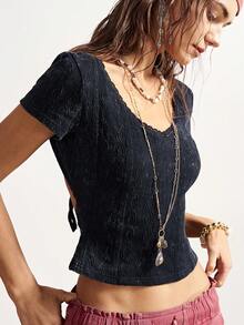 Bohemela 休闲纯色针织短袖露背修身短款女式T恤 - 黑色 - 查看 1