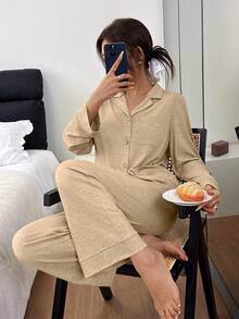 SHEIN 女士宽松舒适针织领长袖睡衣套装 - 卡其色 - 查看 5