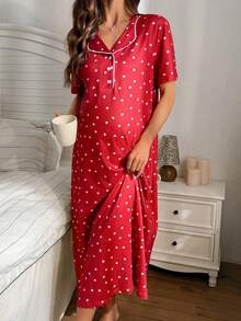 Moonlight&Mama Heart Print Snap-Front Maternity Nursing Nightgown With Short Sleeves - Burgundy - View 5