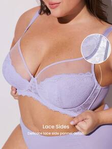 LUVLETTE Plus Soft Woman Lingerie Lounge Curve Sheer Full Coverage Support&Breathable Underwire Sexy Unlined Minimizer Lace Elegance & Mesh Purple Bra Bridal Intimates - Mauve Purple - View 2