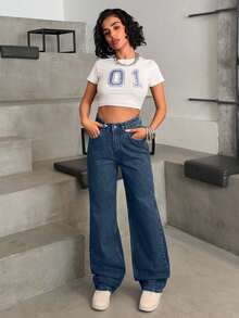 EURMUSE HIGH WAIST CASUAL STYLE DENIM STRAIGHT - Dusty Blue - View 4
