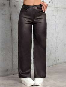 SHEIN PETITE Women's Solid Color Slant Pocket Casual Straight Leg Pants ,Petite Women - Coffee Brown - View 3