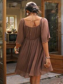 Freevana 大码女式纯色心形领口插肩袖休闲连衣裙，乡村风女装，节日女装，夏季连衣裙，情人节复古风 - 咖啡棕 - 查看 6