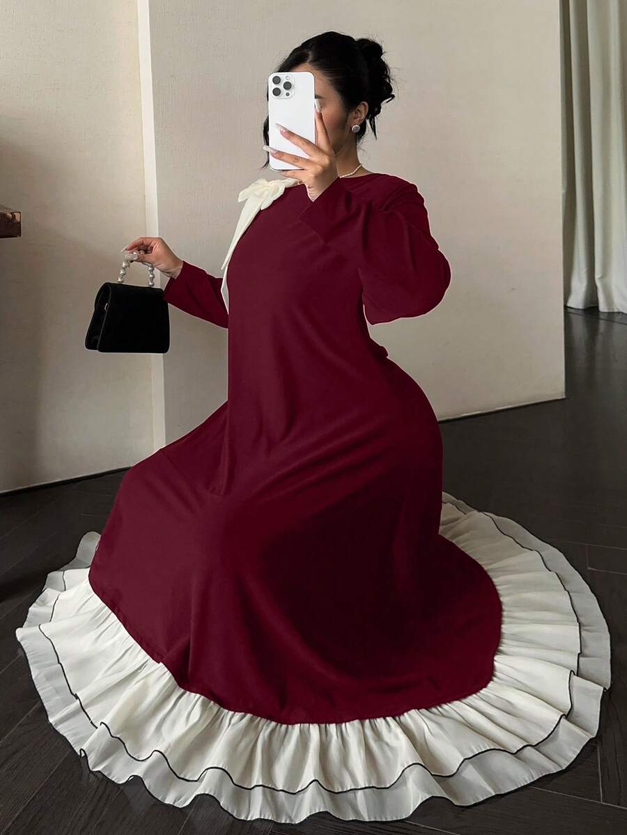 Dazy Plus 大码优雅蝴蝶结系带肩部拼接荷叶边修身派对长裙，黑色，春秋季吊带裙 - 酒紅色 - 查看 1