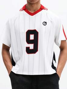 SUMWON Men Pinstripe Short Sleeve V-Neck Collar Polo Shirt With Number Nine Print Regular Fit Classic Casual Summer Top - White - View 5