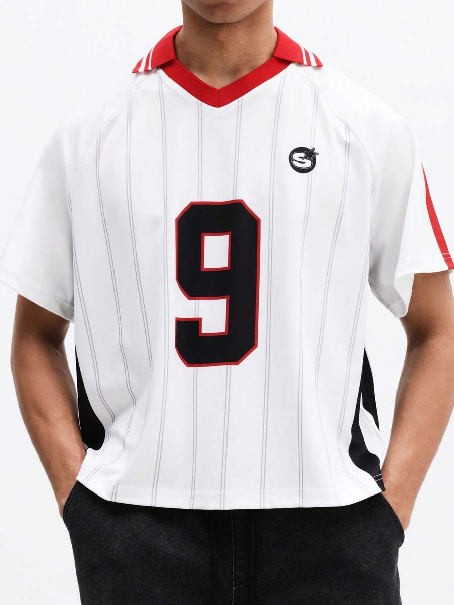 SUMWON Men Pinstripe Short Sleeve V-Neck Collar Polo Shirt With Number Nine Print Regular Fit Classic Casual Summer Top - White - View 1