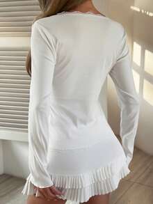 DAZY Women's Lace Patchwork Fitted Long Sleeve Button Front T-Shirt Y2k Spring - White - View 2