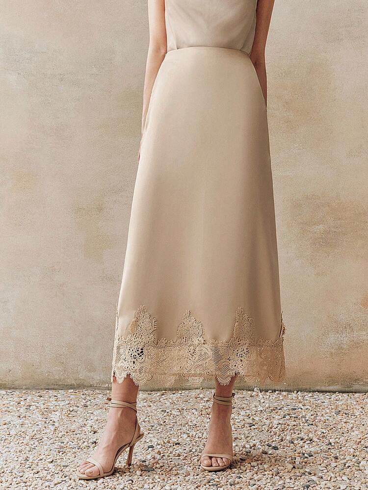 High Quality Fashion Standard Size Women's Summer New French Elegant Satin Lace Trim Skirt, Slimming Commute & Date Dress