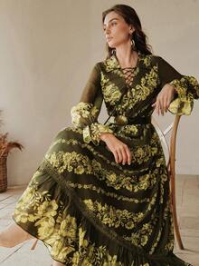 Anewsta 女士优雅度假系带流苏复古花卉蕾丝拼接连衣裙 - 軍綠色 - 查看 9