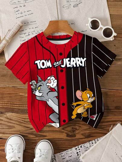 TOM & JERRY X SHEIN Young Boy Casual Daily Commute Fashion Street Funny Cartoon Letter Graphic Colorblock Short Sleeve T-Shirt, Summer