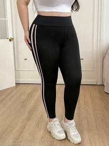 CovetEZ 大码休闲百搭撞色条纹打底裤 - 黑色 - 查看 3