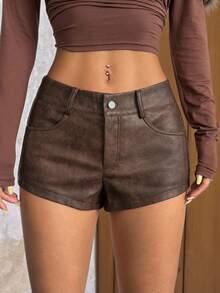 SHEIN PETITE Quần short da giả cạp thấp kiểu retro gợi cảm dành cho nữ - màu nâu - Xem 4