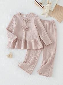 SHEIN Girls Minimalist Elegant Chiffon Long Sleeve Top And Pants Set