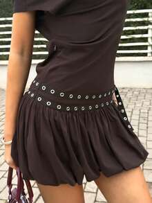 MainGRL American Casual Sports Brown Asymmetric Waist Eyelet Decor A-Line Dress, Spring/Summer - Brown - View 4