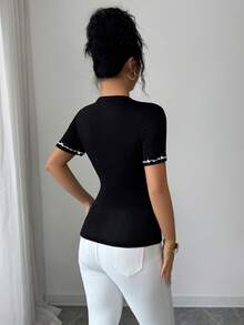 Elenzga Áo thun ngắn tay nữ màu trơn, thanh lịch, kiểu dáng thường ngày, đính ngọc trai lấp lánh. - màu đen - Xem 2