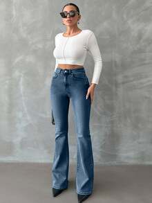EURMUSE 98% Baumwolle Skinny Flare Jeans mit Reißverschluss PETITE - Blau - Übersicht 4