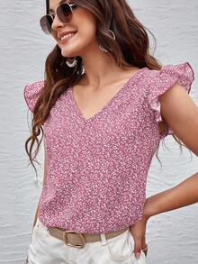 SHEIN Clasi Women's Casual Ditsy Floral Ruffle V-Neck Blouse, Summer - Purple - View 5