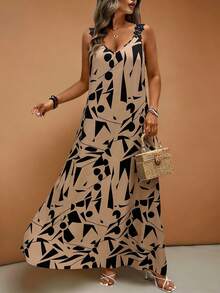 Linhara CURVE Đầm kiểu Pháp màu trơn viền ren dành cho nữ cỡ lớn, thích hợp đi nghỉ mát. - màu nâu - Xem 5