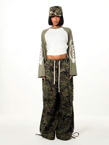 SUMWON WOMEN Low Rise Camouflage Cargo Pants With Pearl Rhinestone Embellishments Wide Leg Parachute Trousers Drawstring Waistband Military Inspired Baggy Pants - Army Green - View 3