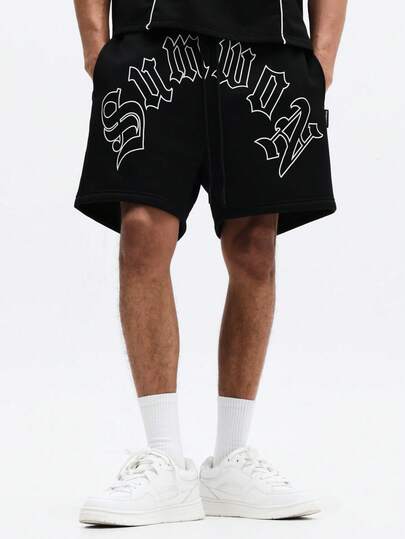 SUMWON Gothic Lettering Drawstring Shorts With Side Pockets Casual Summer Streetwear Loose Fit Basketball Shorts