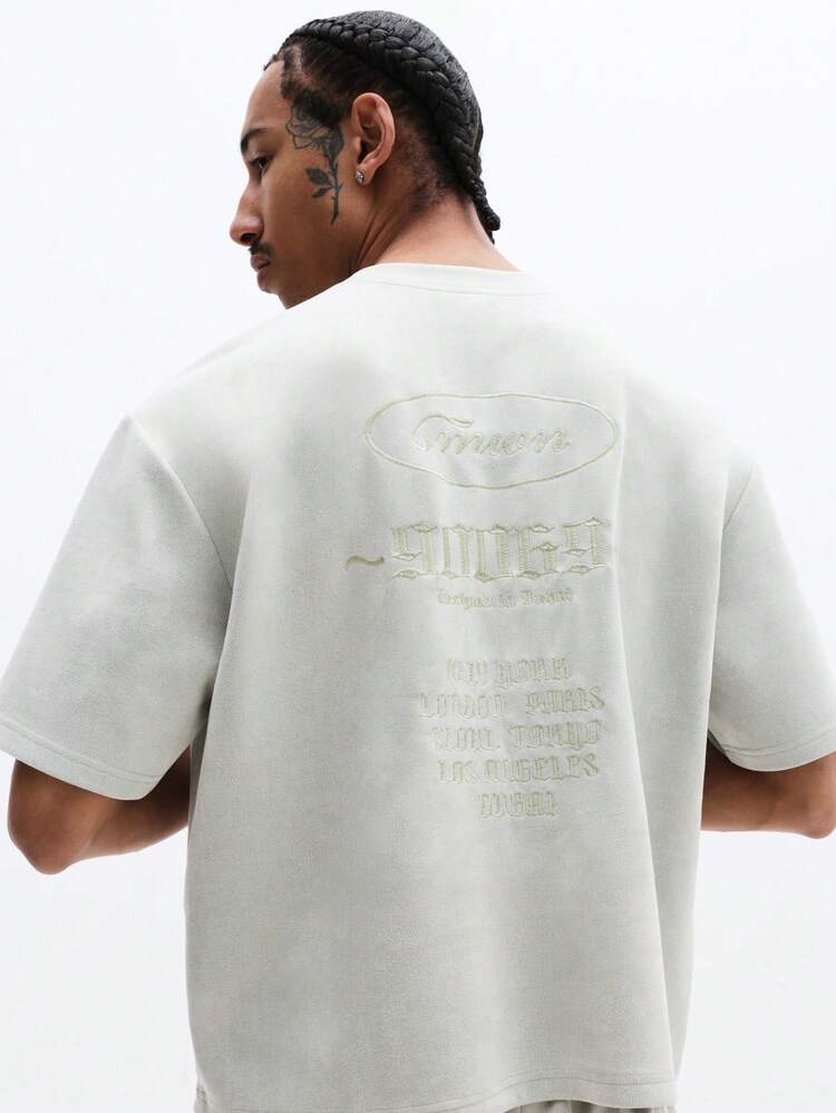 Embroidered Suede-Effect Boxy Fit T-Shirt
