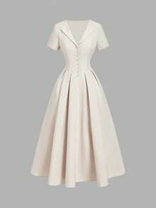 SHEIN MOD Váy midi xếp ly màu mơ có cổ - Màu be - Xem 7