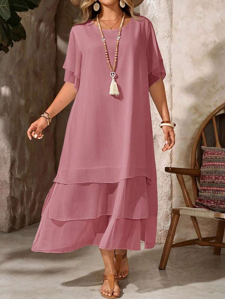 Plus Size Casual Dress, Round Neck, Unbutton, Asymmetrical Flowing Hem, Bohemian Style, Suitable For Spring And Summer,Vacation