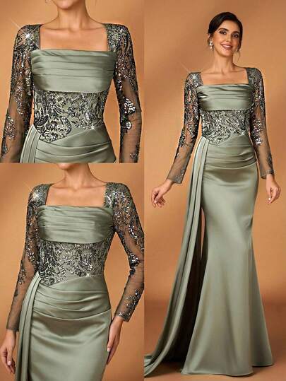 Serin Elegant Lyxig Pärl-Paljettbroderad Satinklänning med Volang och Skira Utsvängda Ärmar, Lämplig För Bröllop, Fester, Högtider, Brudklänningar, Brudens Mors Festliga Klänningar