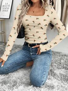 SHEIN LUNE Women's Floral Print Square Neck Long Sleeve Pleated Casual T-Shirt - Apricot - View 6