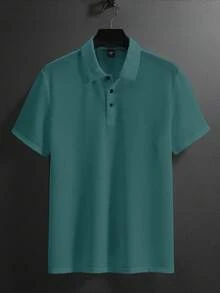 Manfinity Homme Áo Polo nam cỡ lớn màu trơn, cài khuy nửa thân, tay ngắn, kiểu dáng thường ngày, màu xanh lá cây, áo polo nam thoáng khí, áo polo nam màu xanh ngọc, áo polo nam có họa tiết, áo sơ mi nam có cổ - Màu xanh ngọc - Xem 4