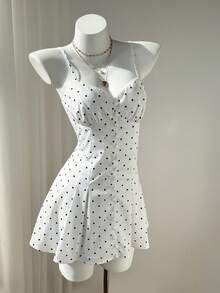 Elamini Polka Dot Camisole Waist Fitted Sexy Mini A-Line Dress - White - View 4