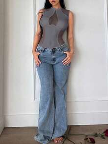 SHEIN SXY 女士白色网纱拼接无袖性感连体衣 - 深灰色 - 查看 3