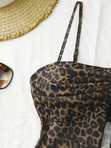 Roelina 女士性感褶皱细肩带豹纹透视拼接吊带背心，夏季 - 彩色 - 查看 6