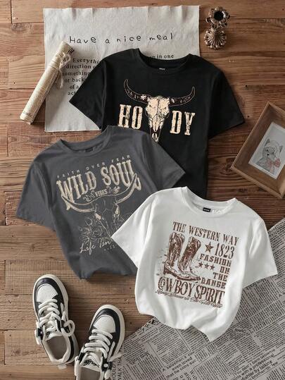 Attitoon 3pcs Vintage Western Boots, 90s Western Pattern, Western Bull Head Pattern, Vintage Western Letter Graphic Tee, Casual Minimalist Round Neck Short Sleeve Cropped Tight Fit T-Shirt, Suitable For Summer Music Festival