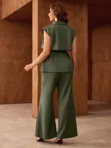 Roveilla Bộ đồ nữ cỡ lớn 2 mảnh, gồm cổ ve áo, cài cúc phía trước, thắt eo, dáng chữ A, quần ống rộng thoải mái. Thanh lịch, mang hơi hướng cổ điển, đa năng, phù hợp cho đi làm, công sở, du lịch, mặc thường ngày, dự đám cưới, ngày Valentine, tiệc trà chiều, tiệc tùng. Hàng mới về mùa Xuân/Hè. - xanh quân đội - Xem 2