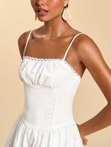 Travachic 纯色镂空刺绣吊带度假连衣裙，春夏度假装，优雅派对礼服，女士度假装，婚礼派对礼服，女士优雅连衣裙，白色连衣裙，夏季连衣裙，沙滩裙 - 白色 - 查看 2