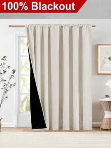 1pc Blackout Thermal Insulated Curtain - 99% UV Resistant Polyester, Rod Pocket Hanging, Non-Bleachable Plain Weave, Bedroom Art Theme, Coated Blackout Thermal Insulation, Noise Reduction - Ideal For Bedroom, Farmhouse And School Deep Sleep, 110gsm - Beige - View 3