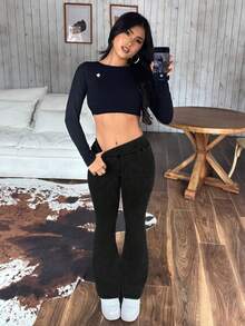 SHEIN PETITE 女士休闲喇叭牛仔裤 - 黑色 - 查看 2