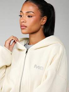 MISSGUIDED Rhinestone Logo Zip Through Hooded Sweatshirt With Drawstring Hood And Centre Pockets For Casual Winter Streetwear - Cream - View 4