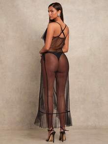 Glamine Women's Sexy Elegant Sheer Mesh Ruffle Trim Dress - Black - View 2