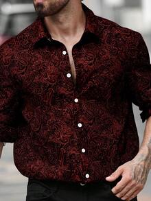 Manfinity LEGND 男士加大码全印花纽扣长袖休闲衬衫 男士加大码衬衫 男士加大码佩斯利花纹衬衫 男士佩斯利花纹衬衫 大码男士衬衫 男士加大码纽扣衬衫 - 咖啡棕 - 查看 3