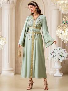 Al Najma Women's V-Neck Beaded Floral Pattern Cinching Waist Design Elegant Cinched Waist Arabic Style Dress - Green - View 5