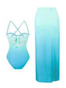 Swim SXY 女士性感紧身优雅沙滩网纱裙，夏季度假优雅两件式泳衣 - 藍色 - 查看 6