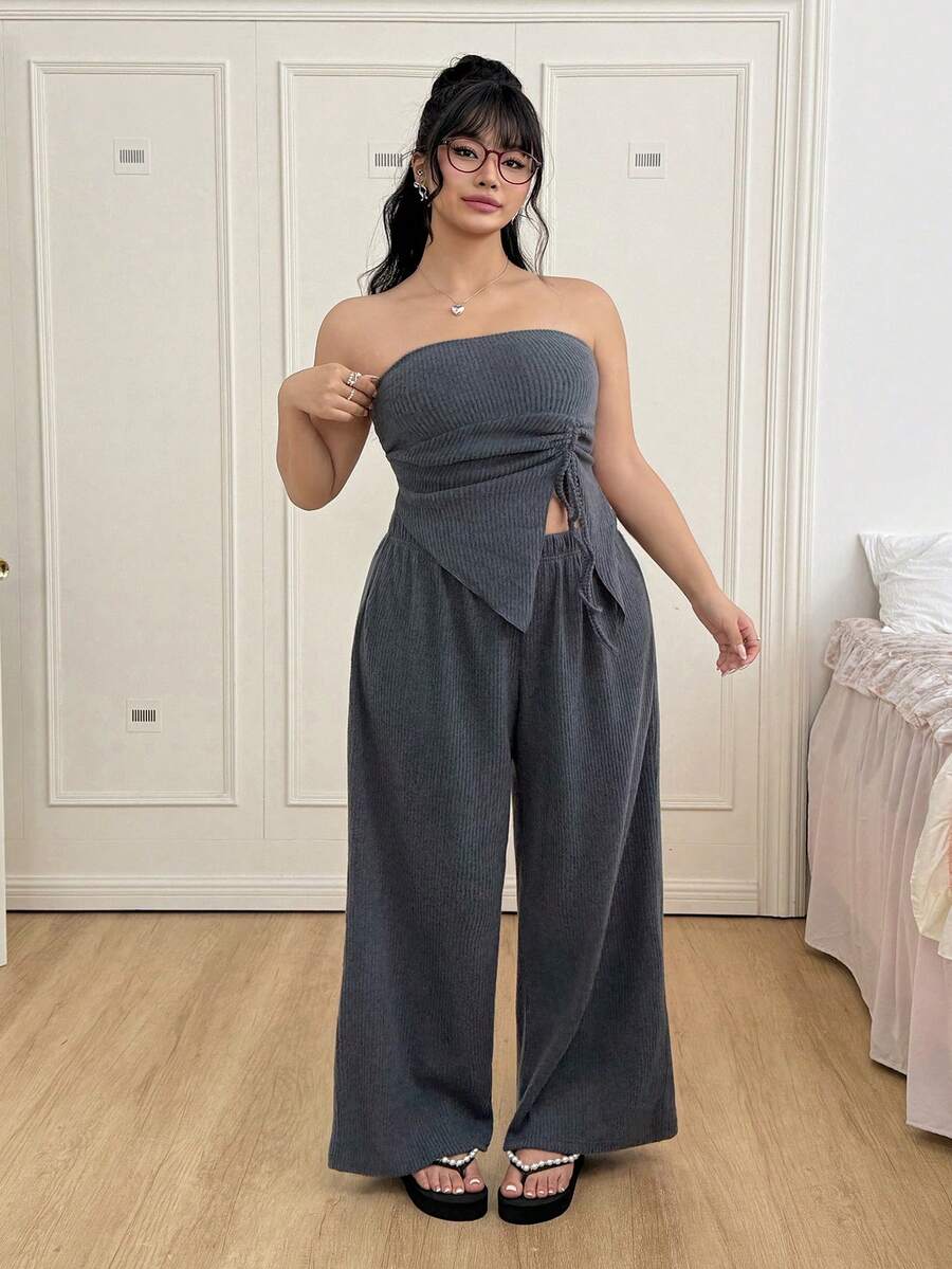 SHEIN EZwear 两件套加大码女装夏季纯色侧抽绳露脐上衣和裤子时尚套装 - 灰色 - 查看 1