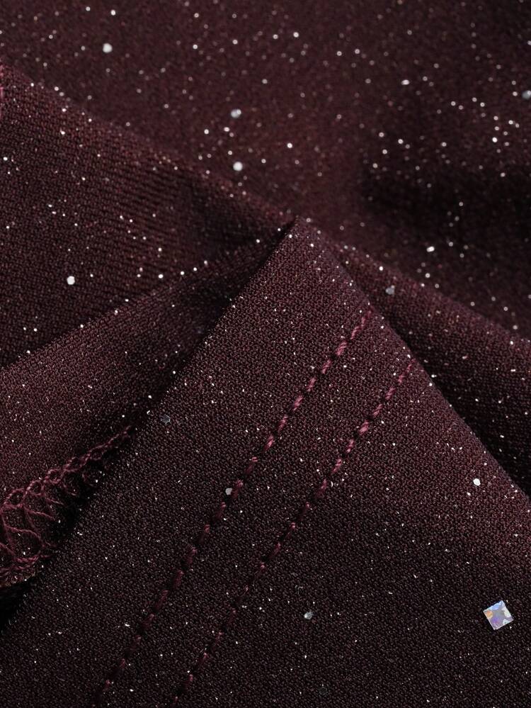 Women's Crew Neck Long Sleeve Waist Cinched Sequin Fabric Elegant Pullover T-Shirt